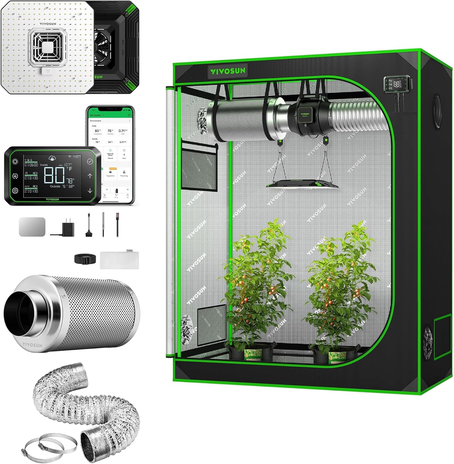 VIVOSUN S425 4x2 Grow Tent Smart Kit, AeroLight, 100W LED Grow Light, GrowHub Controller E42A, 6 Inch 25 Feet Air Aluminum Ducting and 6 Inch Air Carbon Filter Smelliness Control