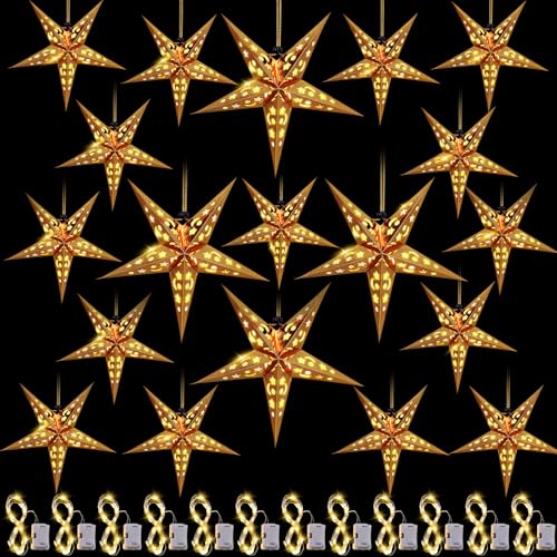 Hortsun 20 Set Christmas Paper Star Shape Lantern 2 Size 17.7 11.8 Christmas Hanging Ornaments Lights 3D Lampshade Hanging Decor with 20 LED Light for Xmas New Year(White)