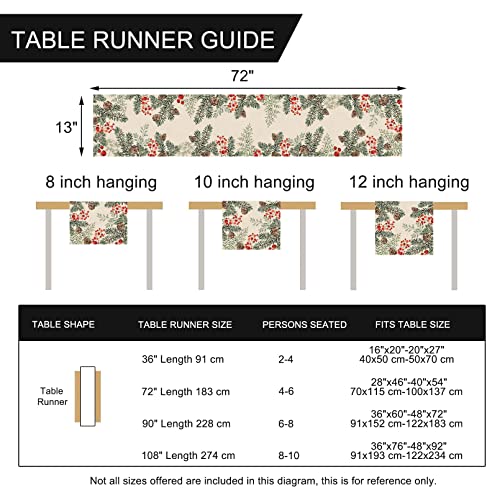 Winter Pine Cone Berry Table Runner, Watercolor Botanical Kitchen Decor, Christmas Farmhouse Dining Decoration 13 X 72 S13131