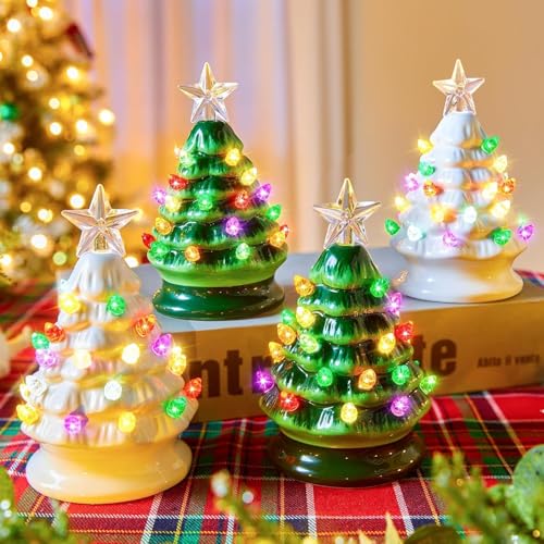 5 Inch Mini Ceramic Christmas Tree Set - 4 Pack Pre-lit Tabletop with Multicolored LED Lights H9498