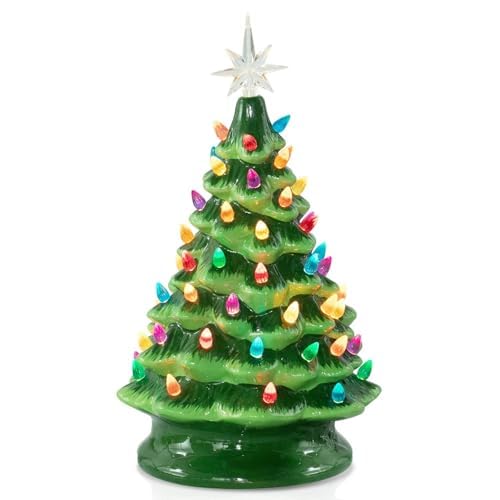 Ceramic Christmas Tree, Pre-lit Tabletop with Multicolored LED Lights, Battery Operated G1053