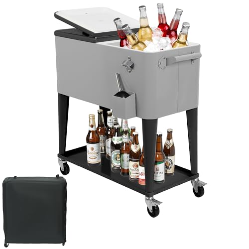 SEALAMB 80 Quart Rolling Cooler Cart with Wheels, Portable Ice Chest with Bottle Opener & Shelf, Outdoor Beverage Cart Ice Chest Cart for Patio Party, Picnic, BBQ, Camping