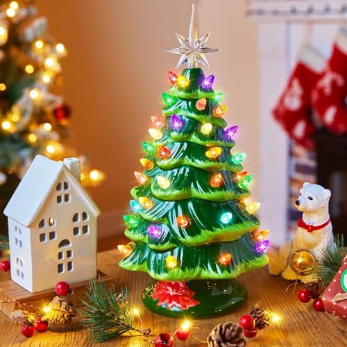 Ceramic Christmas Tree, Pre-lit Tabletop with Multicolored LED Lights, Battery Operated G1053