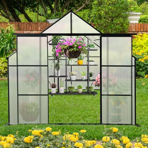8x10FT Walk-in Greenhouse with Double Sliding Doors, Polycarbonate Panels, Aluminum Frame T7688