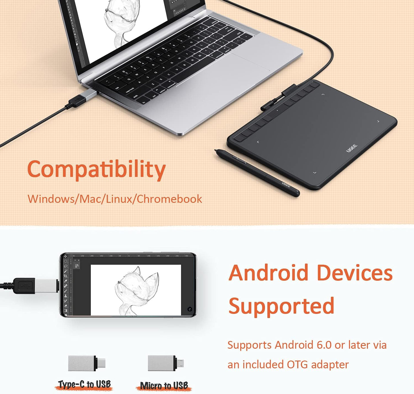 Graphics Drawing Tablet with Battery-Free Stylus and 8192 Pressure Levels F612198