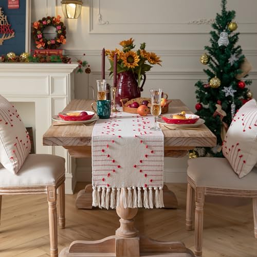 Christmas Table Runner 13 x 90 Inch Natural Cotton Woven with Tassels, Red and Beige U800