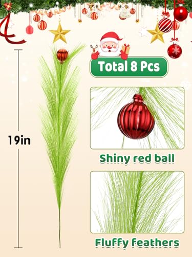 Lime Green Fluffy Curly Christmas Tree Picks with Red Ball, 8 Pieces O343