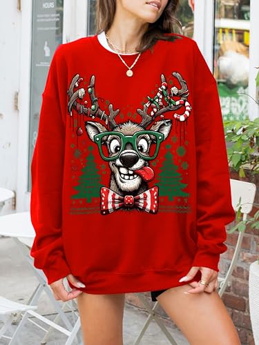 Funny Reindeer Graphic Sweatshirt Oversized Christmas Pullover J1348