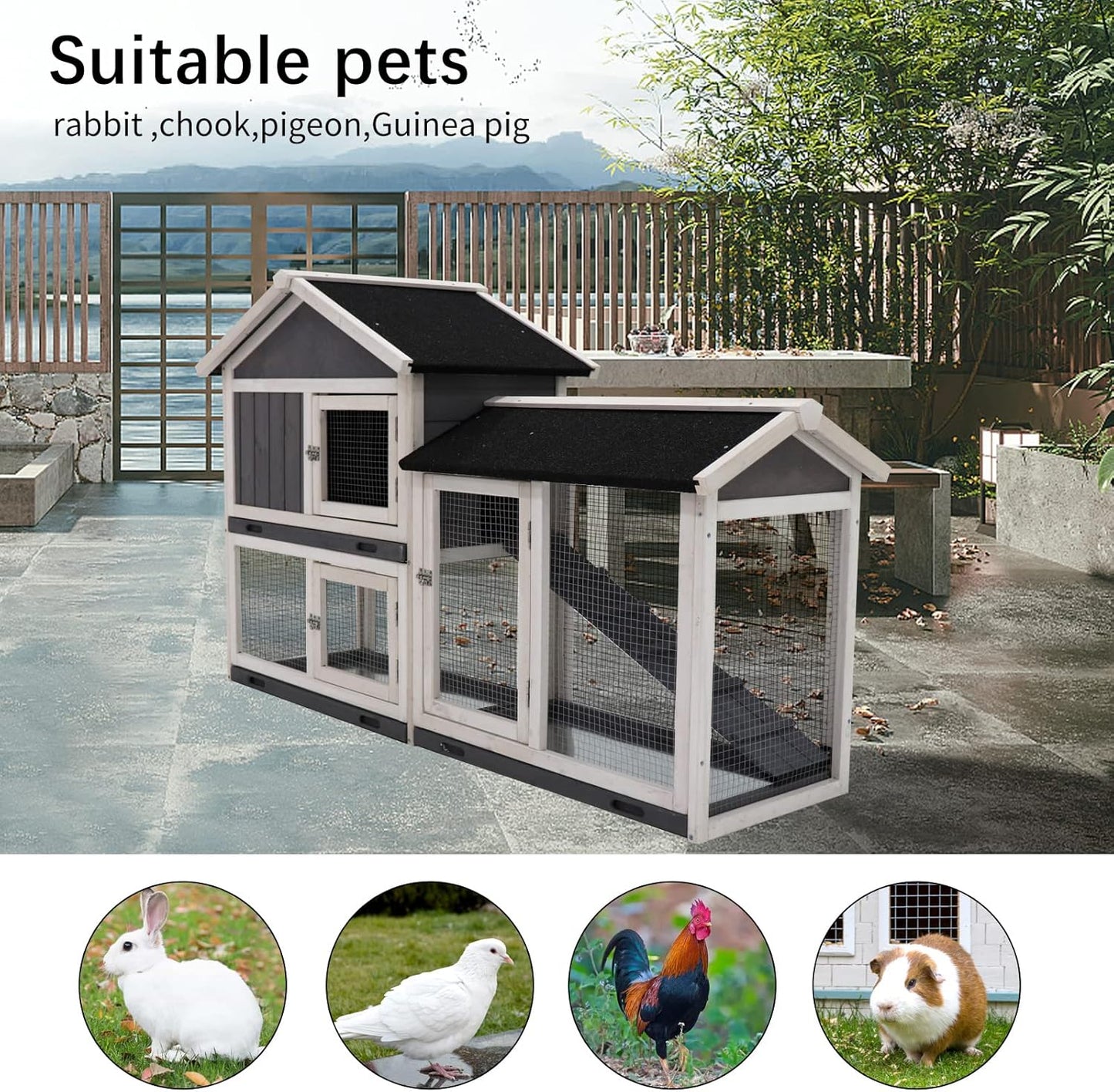 Rabbit Hutch with Run, No Leak Tray, UV Panel K6271
