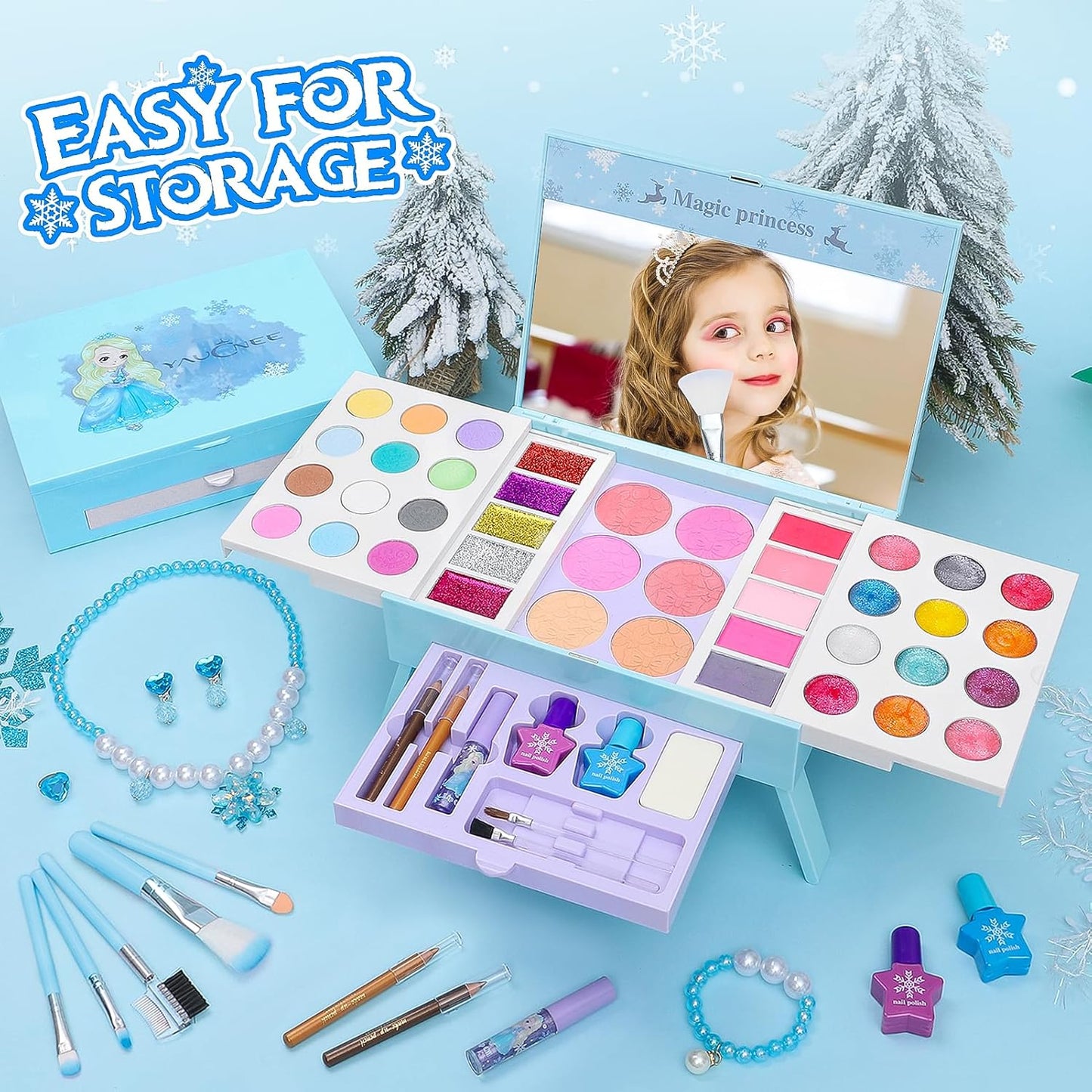 Frozen Makeup Set for Girls, 60pcs Pretend Play Cosmetics with Nail Polish & Jewelry T729824