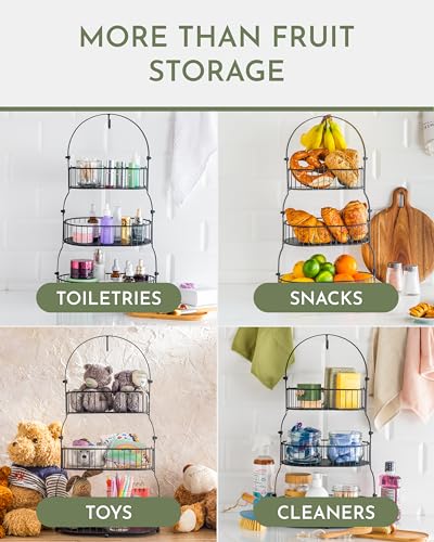 Fruit Basket for Kitchen Counter 3 Tier with Banana Hook and Bamboo Lid T780