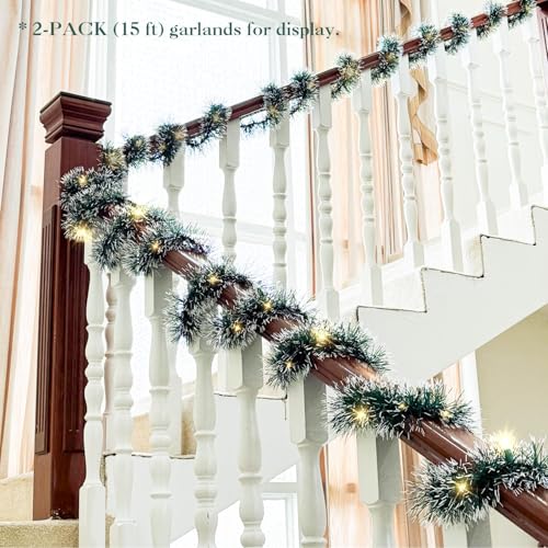 Christmas Garland with Lights 15FT, Artificial for Mantle Stairs Railing K70835