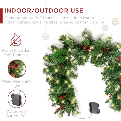9ft Pre-Lit Christmas Garland for Stairs, Fireplace with 50 Lights W212