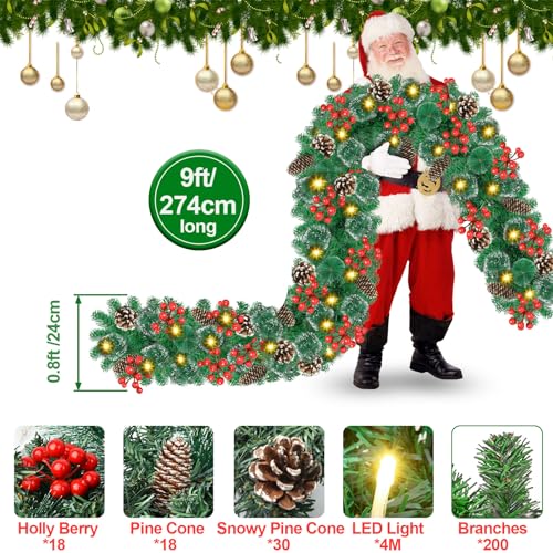 Pre-lit Christmas Garland with LED Lights, Red Flowers and Berries C561701