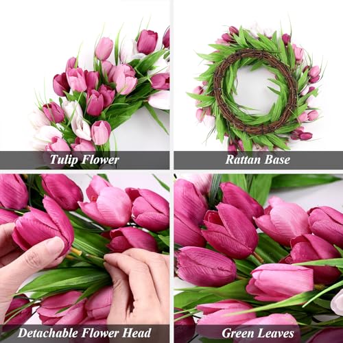 20 Inch Tulip Wreath with Green Leaves for Front Door Spring Summer Decor U547