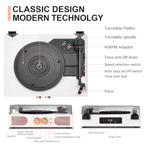 Vinyl Record Player with Built-in Speakers, 3-Speed, White Rose Gold Q78340