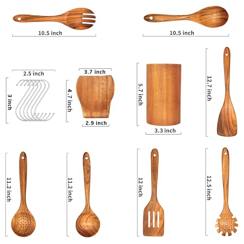 Christmas Wooden Spoons for Cooking, 10 Pcs Natural Teak Kitchen Utensils Set S557967
