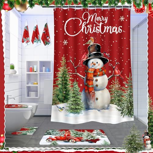 7 Pcs Christmas Shower Curtain Set with Non Slip Rugs, Toilet Cover and Towels U40957