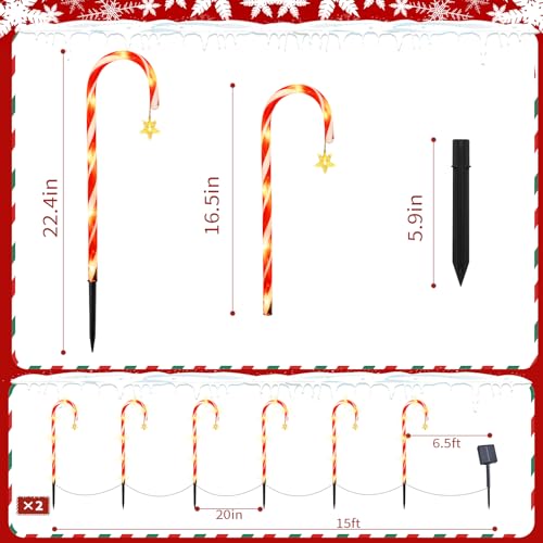 Candy Cane Solar Pathway Lights 15FT Outdoor Christmas Decor V5614