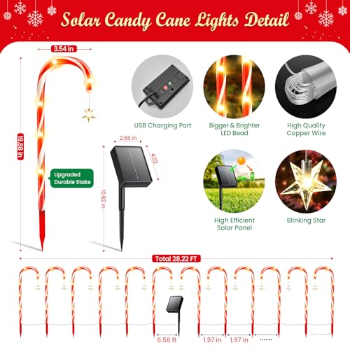 Solar Candy Cane Lights for Outdoor Christmas Decor, 72 LEDs, 10 Modes N711
