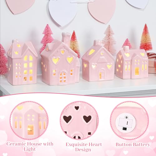 12 Pcs Pink Christmas Ceramic Village Decorations with Lighted Houses and Mini Pine Trees Y816