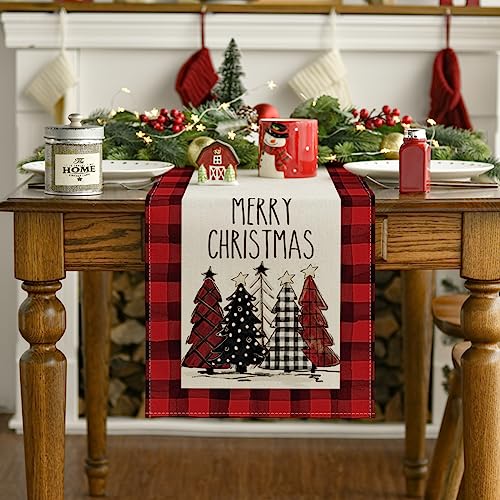 Buffalo Plaid Christmas Trees Table Runner, Winter Holiday Kitchen Dining Decor, 13 x 108 Inch A940