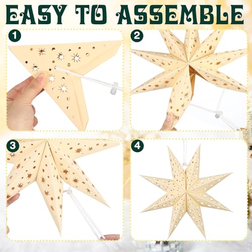 12 Pcs Christmas Paper Star Lantern 9 Point Hanging Ornament with String Light H44991