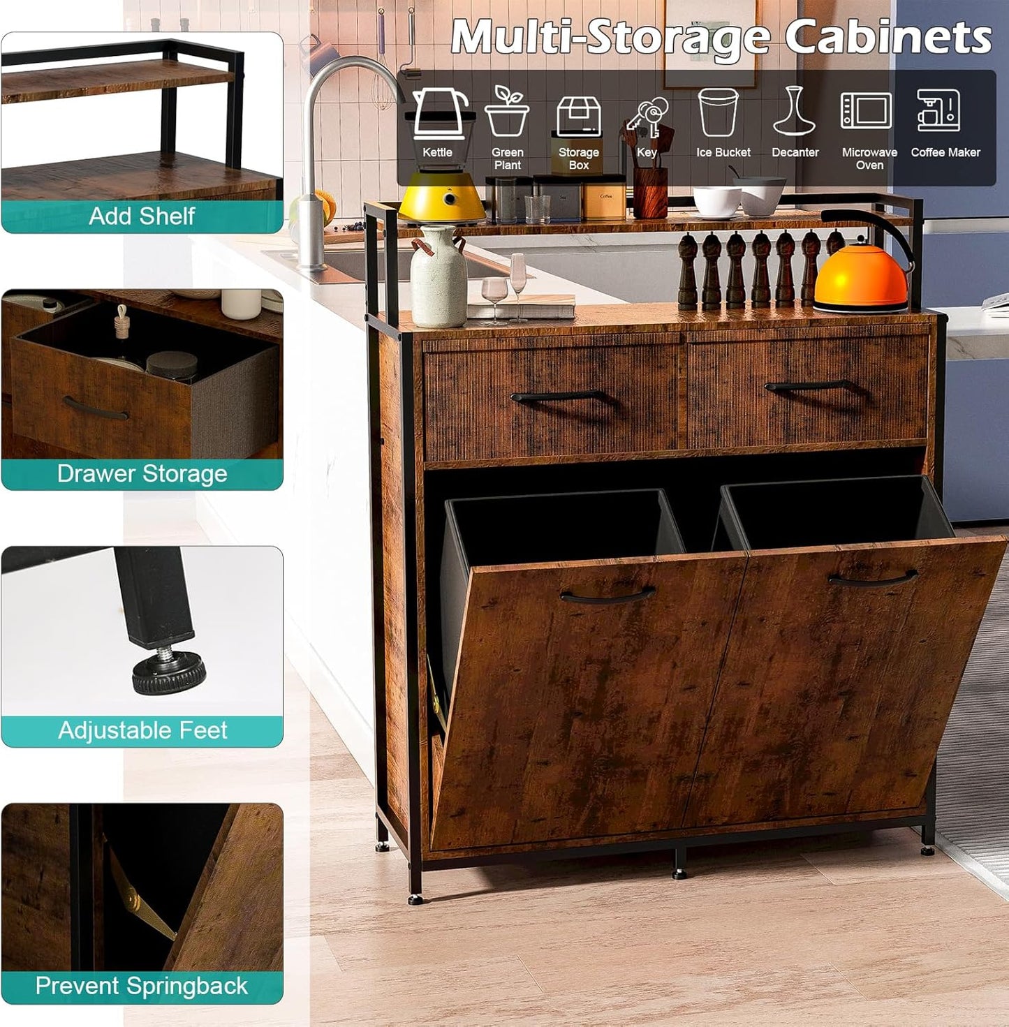 Dual Tilt-Out Trash Cabinet with 2 Drawers and Shelf, 10 Gallon A642207