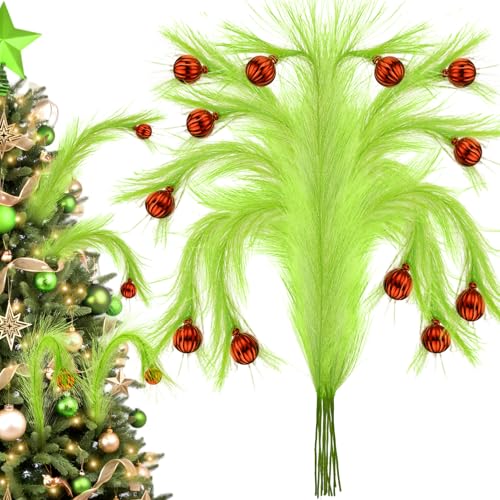 19" Elf Christmas Tree Topper - 8Pcs Lime Green Fluffy Curly Christmas Tree Picks Decorations Filler Ornaments with Red Ball, for Home Wreath Vase Holiday Party