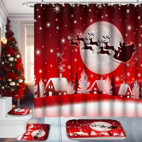 Christmas Bathroom Set with Shower Curtain, Rugs, and Hooks A88035