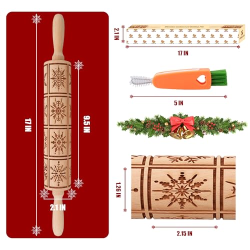 Wooden Rolling Pin for Baking with Christmas Embossed Designs, Includes Cleaning Brush O863