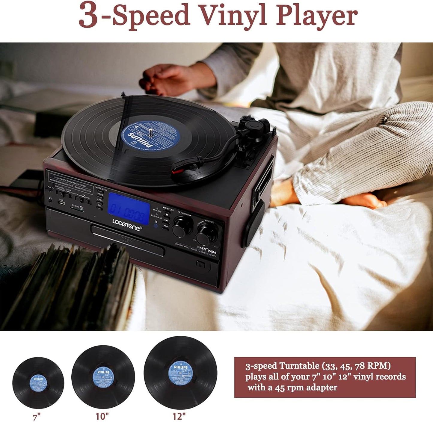 10 in 1 Bluetooth Record Player with CD, Cassette, AM/FM Radio, USB/SD Recorder Q17482