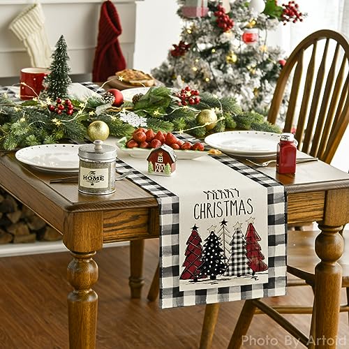 Buffalo Plaid Christmas Trees Table Runner, Winter Holiday Kitchen Dining Decor, 13 x 108 Inch A940