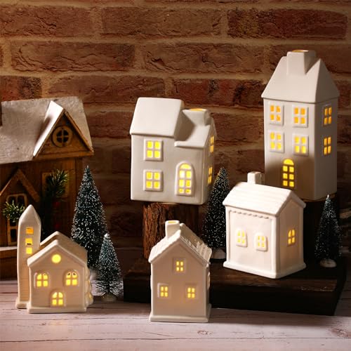 Ceramic Christmas Village Set with Lighted Houses and Trees for Holiday Tabletop Decor C693
