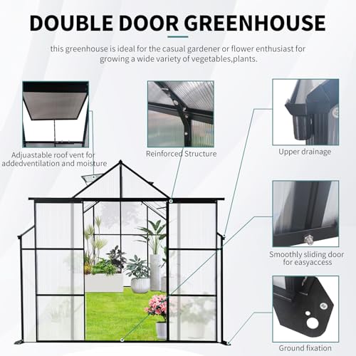 8x10FT Walk-in Greenhouse with Double Sliding Doors, Polycarbonate Panels, Aluminum Frame T7688