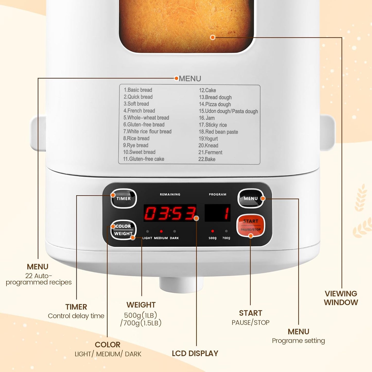 Compact Automatic Bread Maker Machine, 1.5LB Programmable, Non-stick Pan I53060