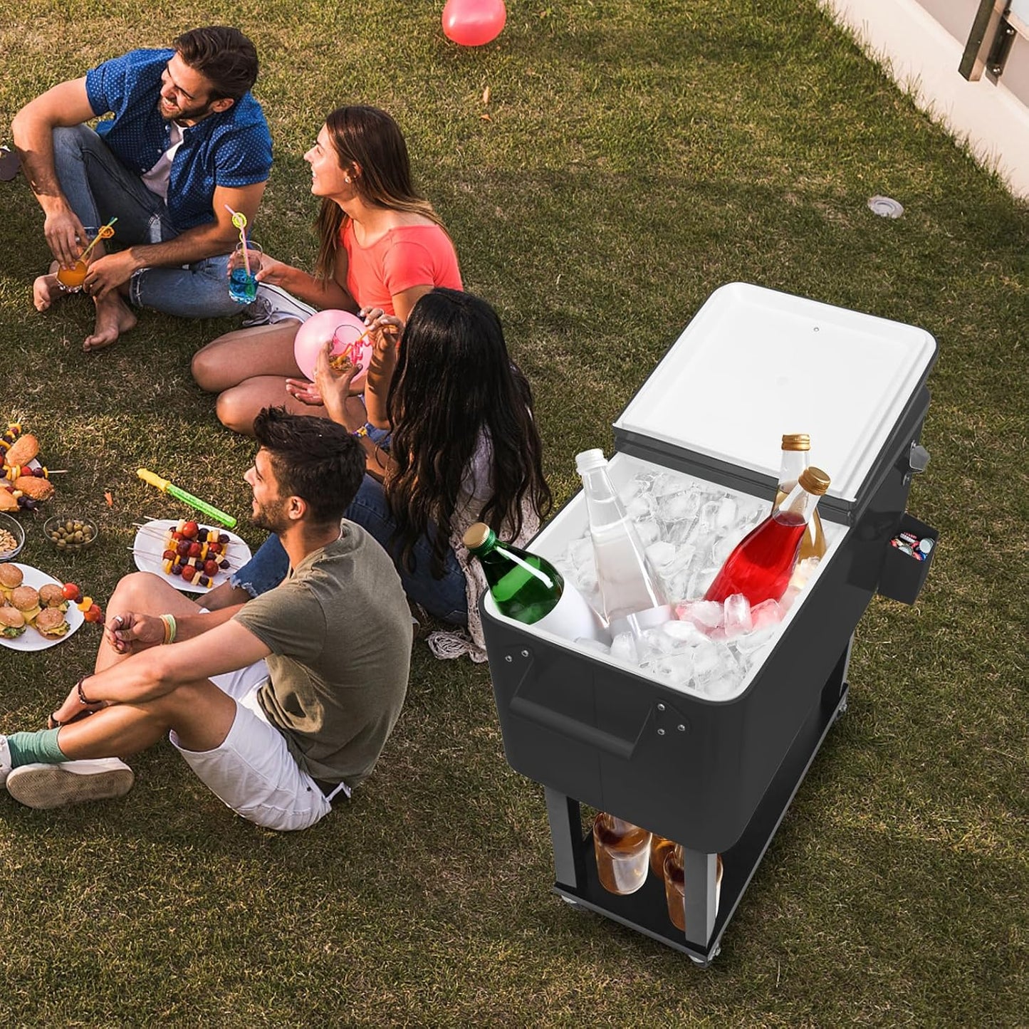 80 Quart Rolling Ice Chest Cooler Cart with Shelf and Bottle Opener J482570