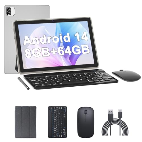 Tablet 10 Inch Android Tablet, 2 in 1 Tablets, Include Keyboard Mouse Case Stylus, 64GB ROM+8GB RAM 1TB expandable 2MP+8MP Dual cameras, 5G WIFI-6 Bluetooth 6000mAh Battery 10.1" 1280*800 HD Tab