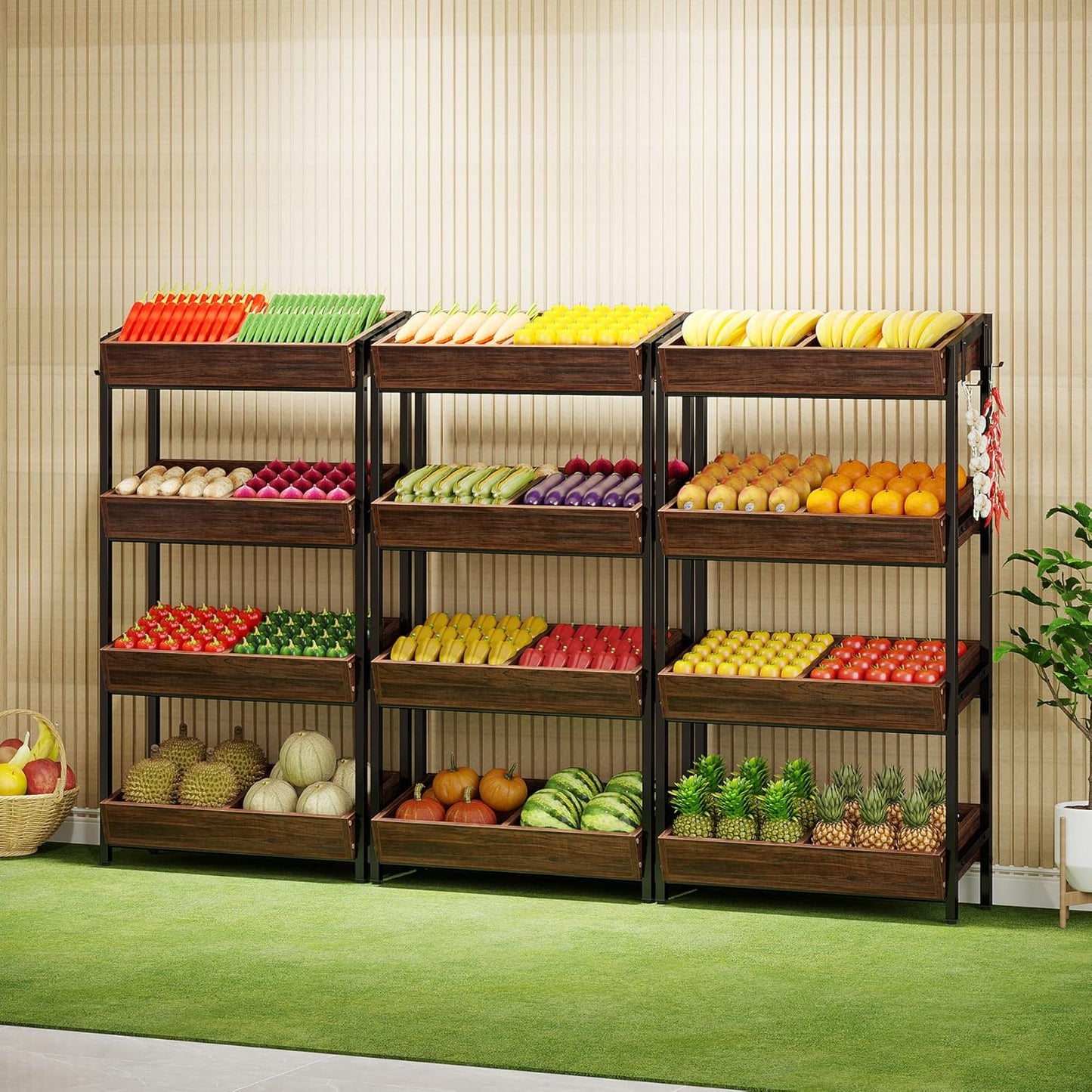 4-Tier Wood Fruit Vegetable Storage Basket Stand, Versatile Utility Shelf Rack E4294