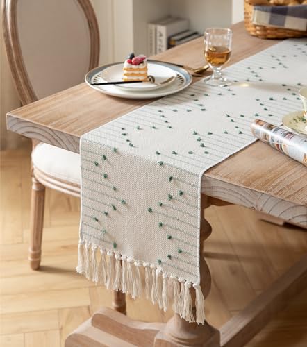 Christmas Table Runner 13 x 90 Inch Natural Cotton Woven with Tassels, Red and Beige U800