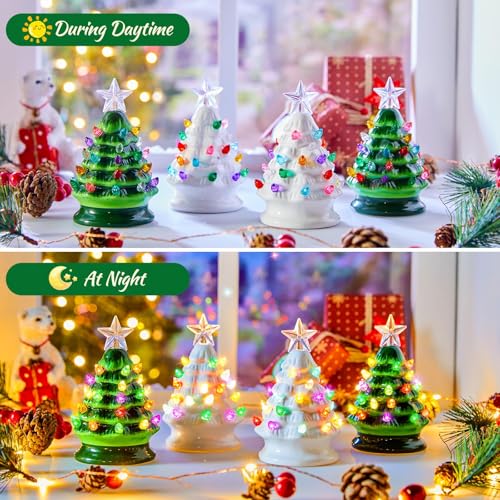 5 Inch Mini Ceramic Christmas Tree Set - 4 Pack Pre-lit Tabletop with Multicolored LED Lights H9498