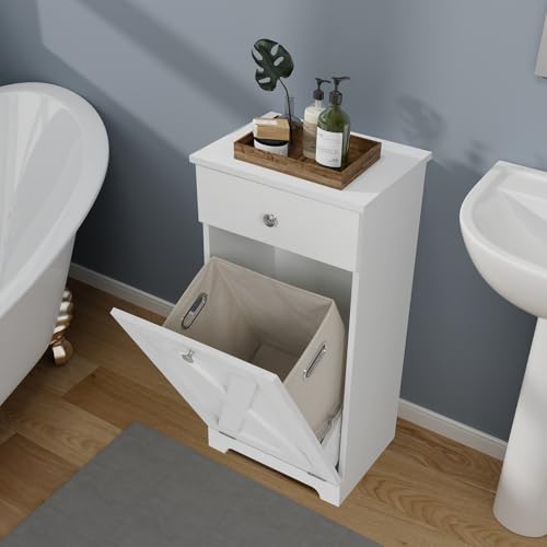 Tilt Out Laundry Hamper Cabinet with Drawer, White B374327