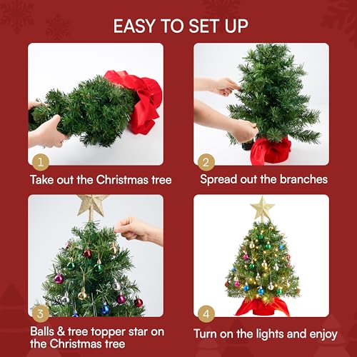 24" Mini Christmas Tree Tabletop Set with LED Lights and Ornaments V8406