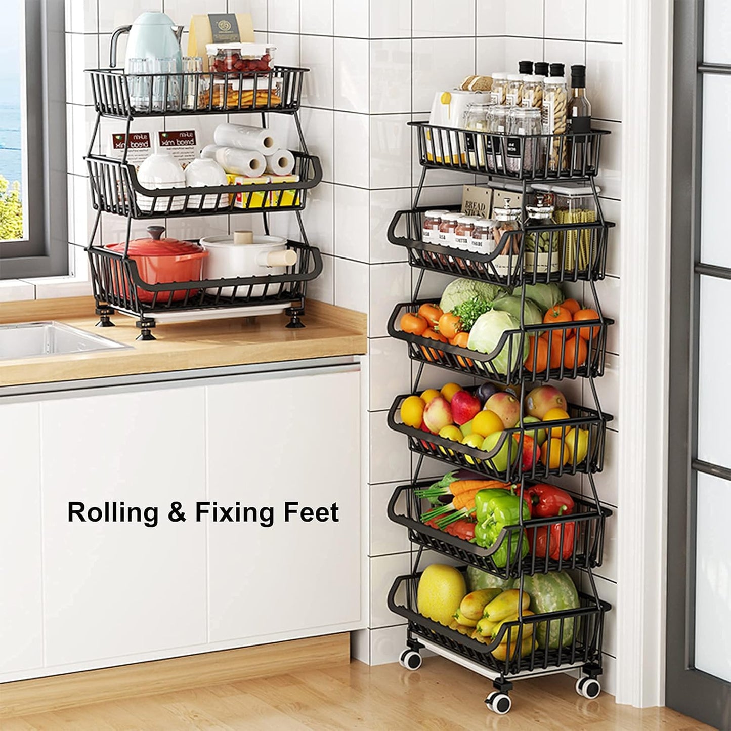 3 Tier Fruit Basket Stand with Wheels, Metal Storage Cart for Kitchen Pantry Q358527