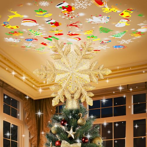 Christmas Tree Topper Lighted with 6 Projection Slides, Snowflake LED Rotating 3D Glitter Tree Topper O28849