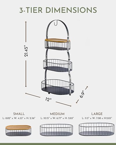 Fruit Basket for Kitchen Counter 3 Tier with Banana Hook and Bamboo Lid T780