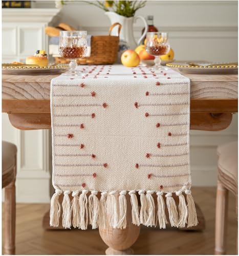 Christmas Table Runner 13 x 90 Inch Natural Cotton Woven with Tassels, Red and Beige U800