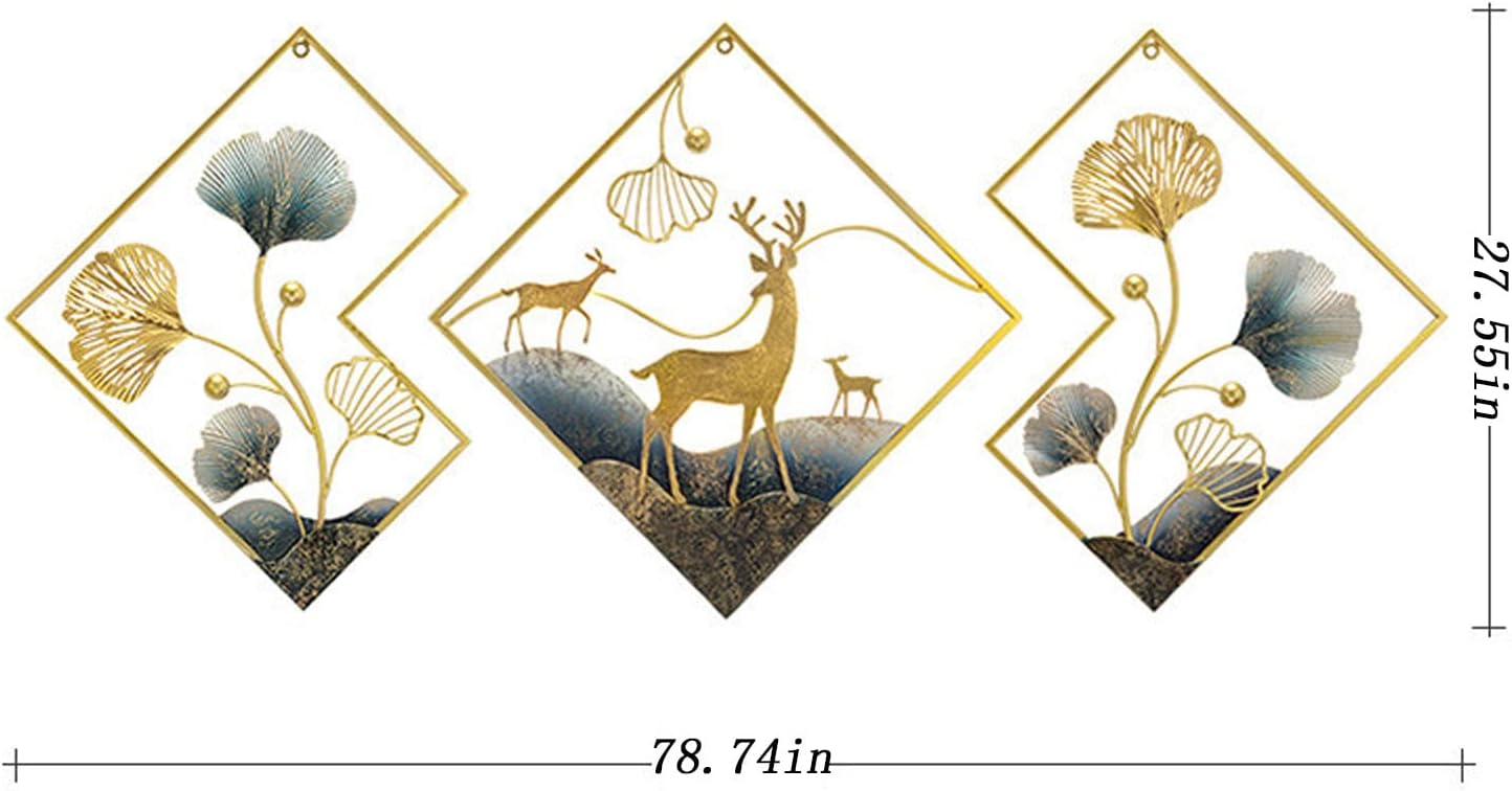 Metal Wall Art Gold Deer 3 Piece Large 3D Ginkgo Leaf 78x27in W631274
