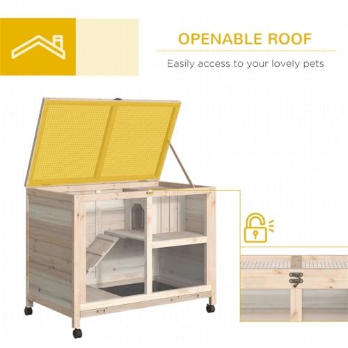 Wooden Rabbit Hutch with Tray, Wheels, Ramp and Openable Roof S329672