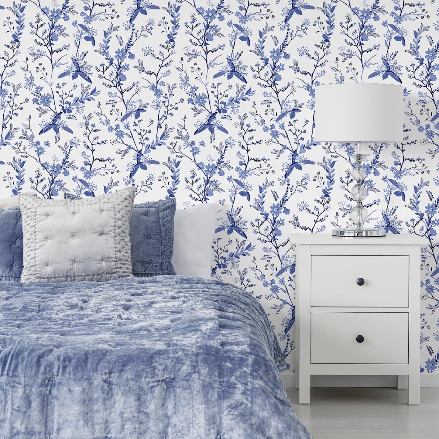 Blue Botanical Floral Peel and Stick Wallpaper for Bedroom Walls Z983187